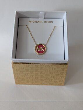 MICHAEL KORS Yellow Gold Tone Pink Enamel MK Logo Necklace NWT Gift Box $100.00